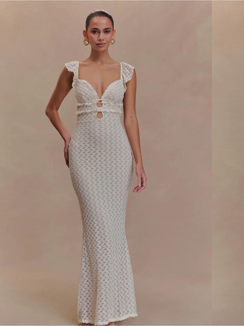Meshki Cream Lace Ezra Maxi Dress with Front Cutouts